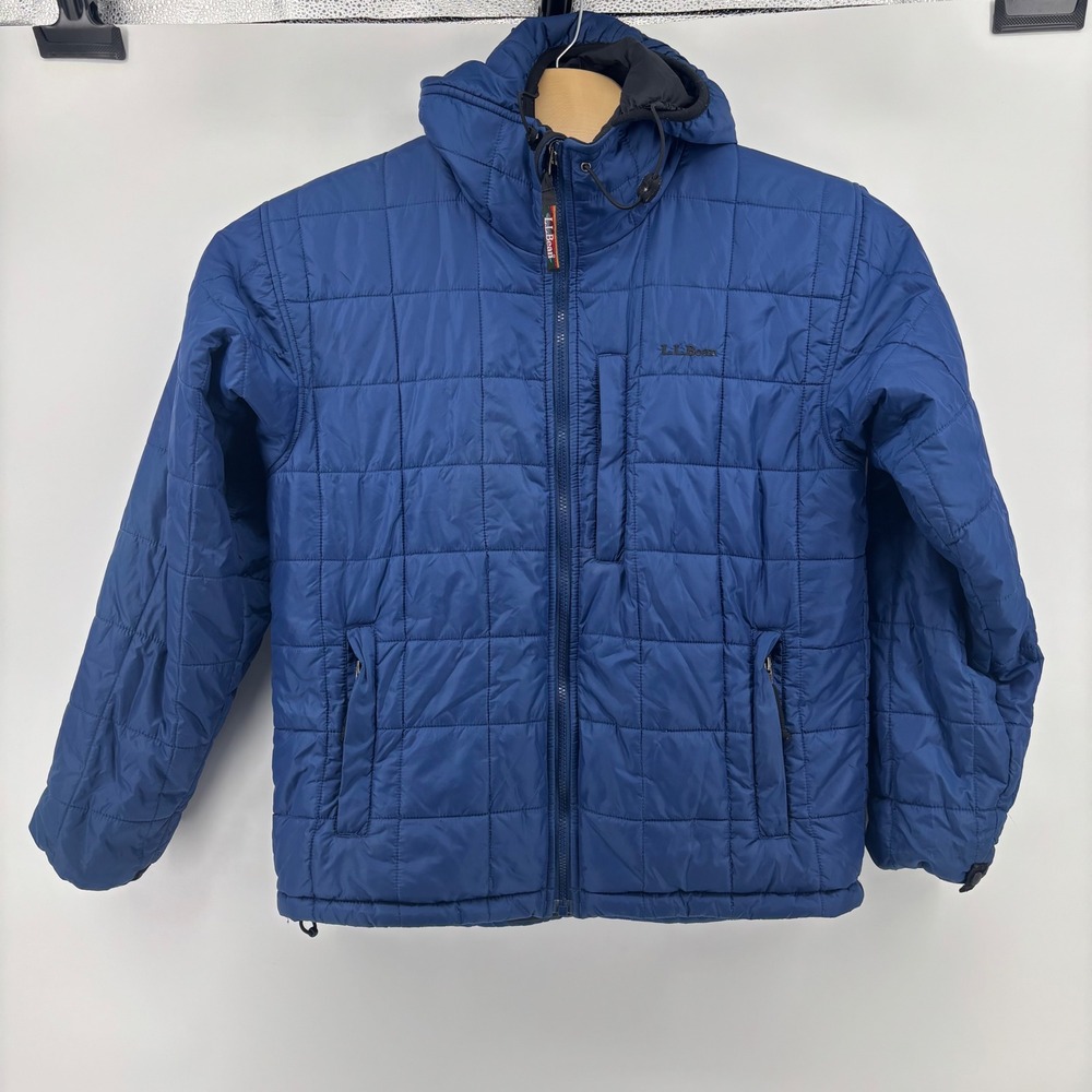 LL Bean Puffer Jacket Mens Medium Blue Primaloft Grid Quilted Hooded OUJ55